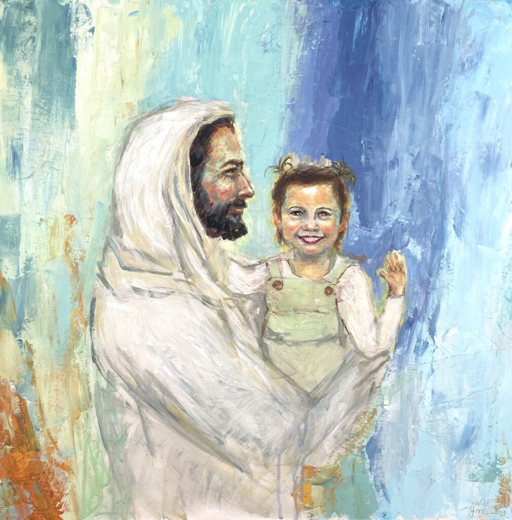 Christian artist paint Jesus holding a child